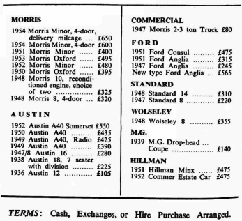 1950s car - UK 1954 prices
