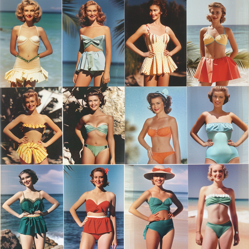 vintage bikini, vintage swimsuits, 1950s swimwear, retro beachwear, bikini fashion, glamour, controversy, retro fashion, vintage charm, beach fashion