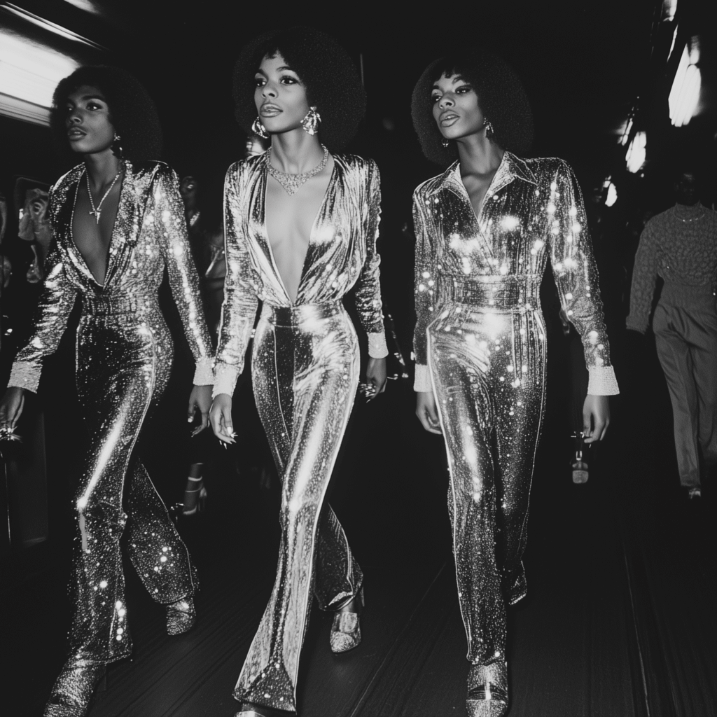 70s outfits with shiny fabrics