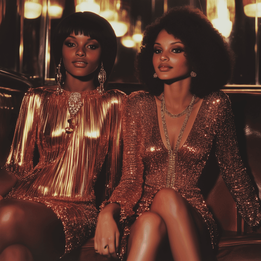 70s fashion lame dresses