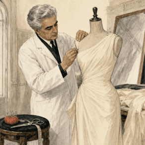 Cristóbal Balenciaga draping ivory silk onto a dressmaker's mannequin in his Paris atelier