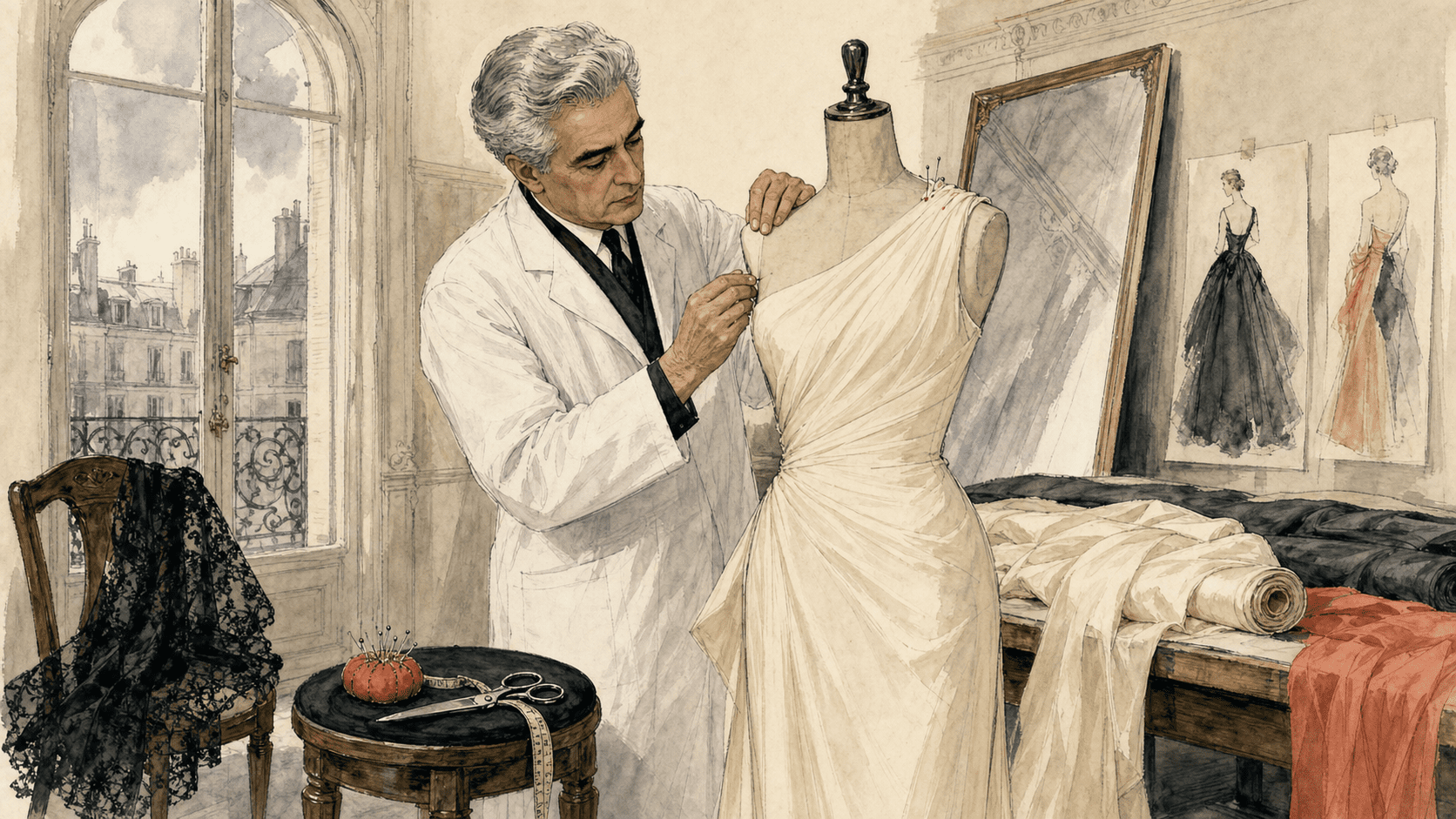 Cristóbal Balenciaga draping ivory silk onto a dressmaker's mannequin in his Paris atelier