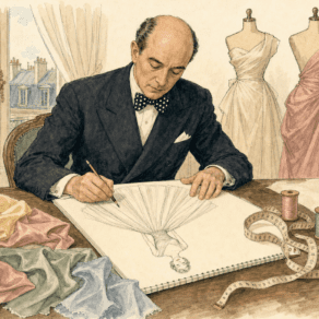 Illustration of Christian Dior in dark suit and bow tie, sketching at his work table in his Paris atelier, surrounded by silk swatches, lily of the valley, and models in muslin toiles