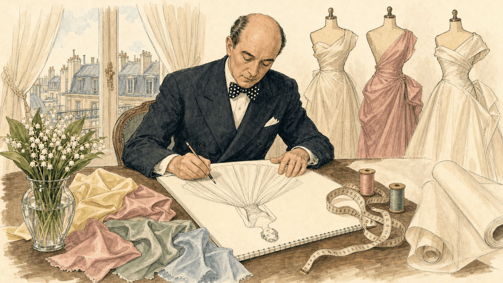 Illustration of Christian Dior in dark suit and bow tie, sketching at his work table in his Paris atelier, surrounded by silk swatches, lily of the valley, and models in muslin toiles