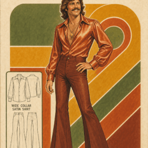 Vintage sewing-pattern illustration of The Disco King — wide-collar satin shirt, bell-bottom trousers, platform shoes