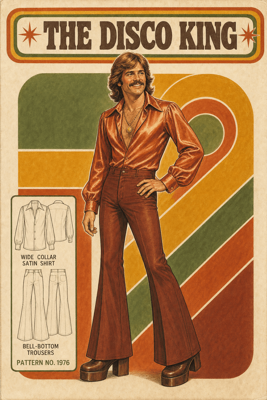 Vintage sewing-pattern illustration of The Disco King — wide-collar satin shirt, bell-bottom trousers, platform shoes