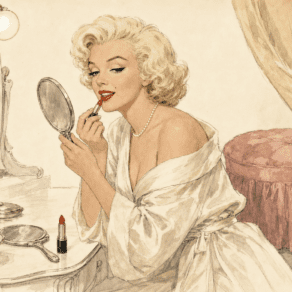 Marilyn Monroe at her vanity, applying red lipstick in a hand mirror, in an ivory silk dressing gown