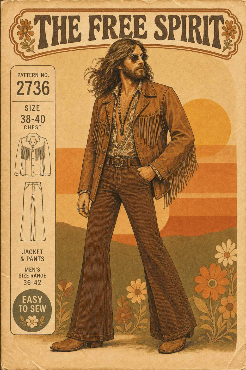 1970s men's fashion illustration — The Free Spirit: fringed suede jacket, corduroy flares, beaded necklace, round wire-rimmed sunglasses