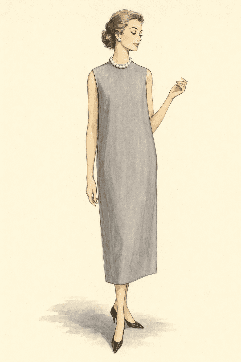 A 1950s fashion illustration of a sleeveless dove-grey tunic dress with stand-away neckline and pearls
