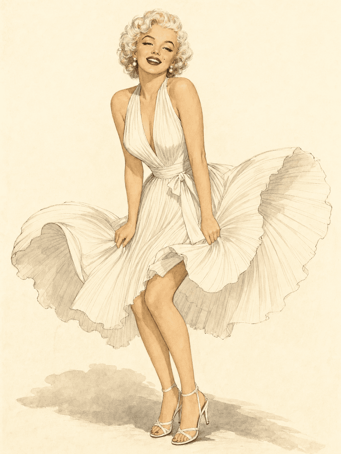 A 1950s illustration of Marilyn Monroe in the white pleated halter dress with the skirt billowing upward