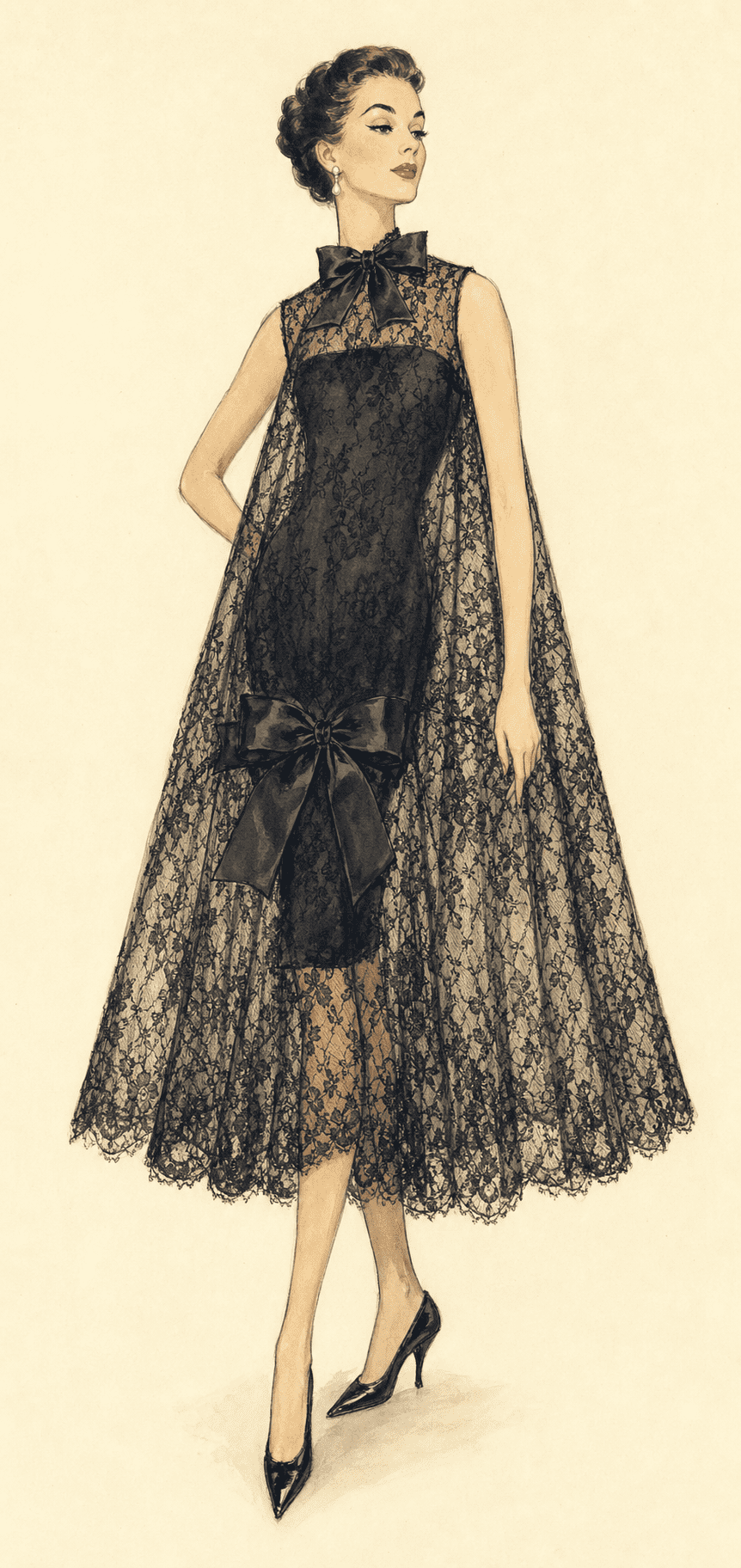 A 1950s fashion illustration of a black lace baby doll dress with satin bows
