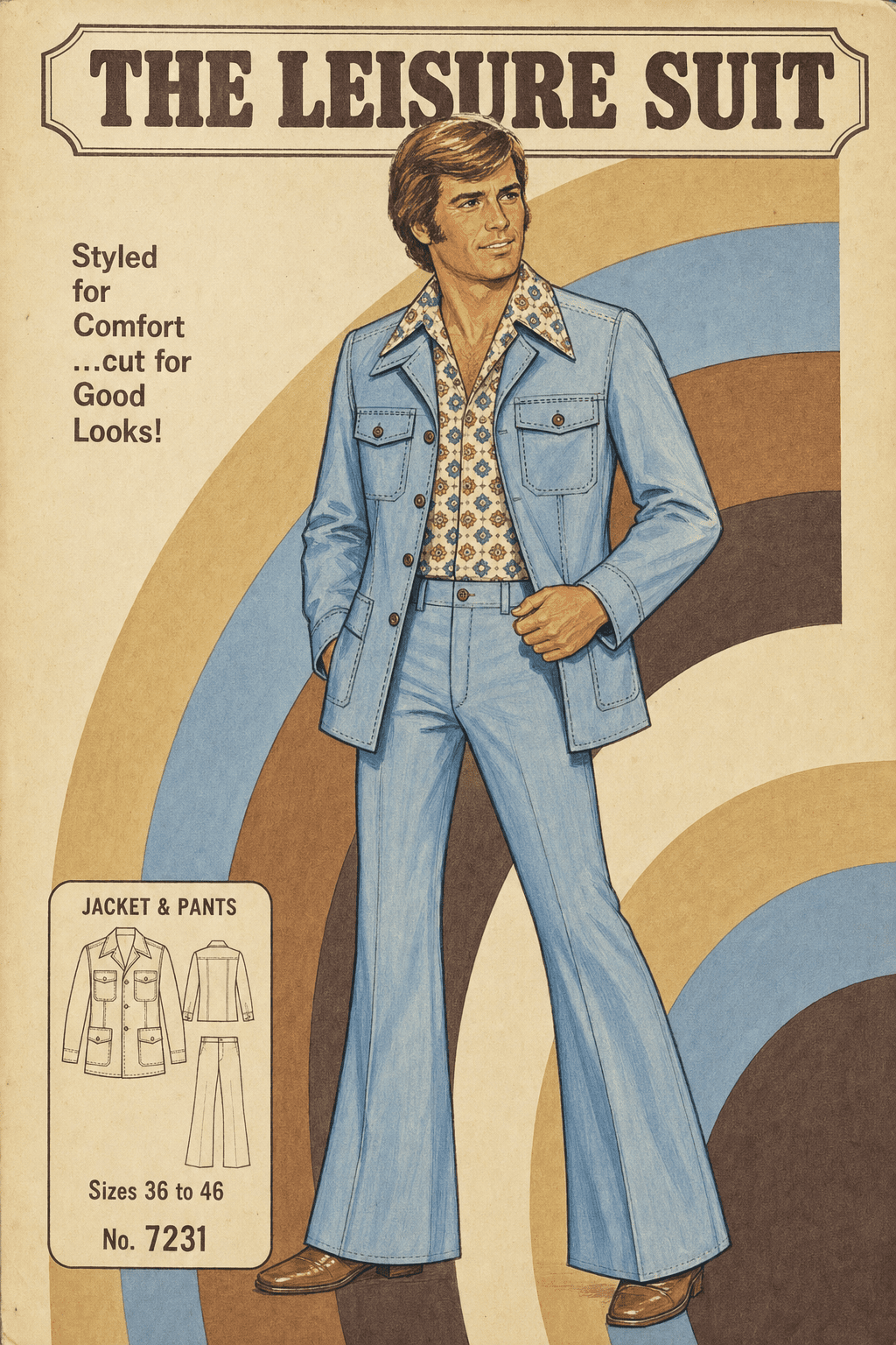 1970s men's fashion illustration — The Leisure Suit: matching powder-blue polyester jacket and flared trousers, open-collar patterned shirt