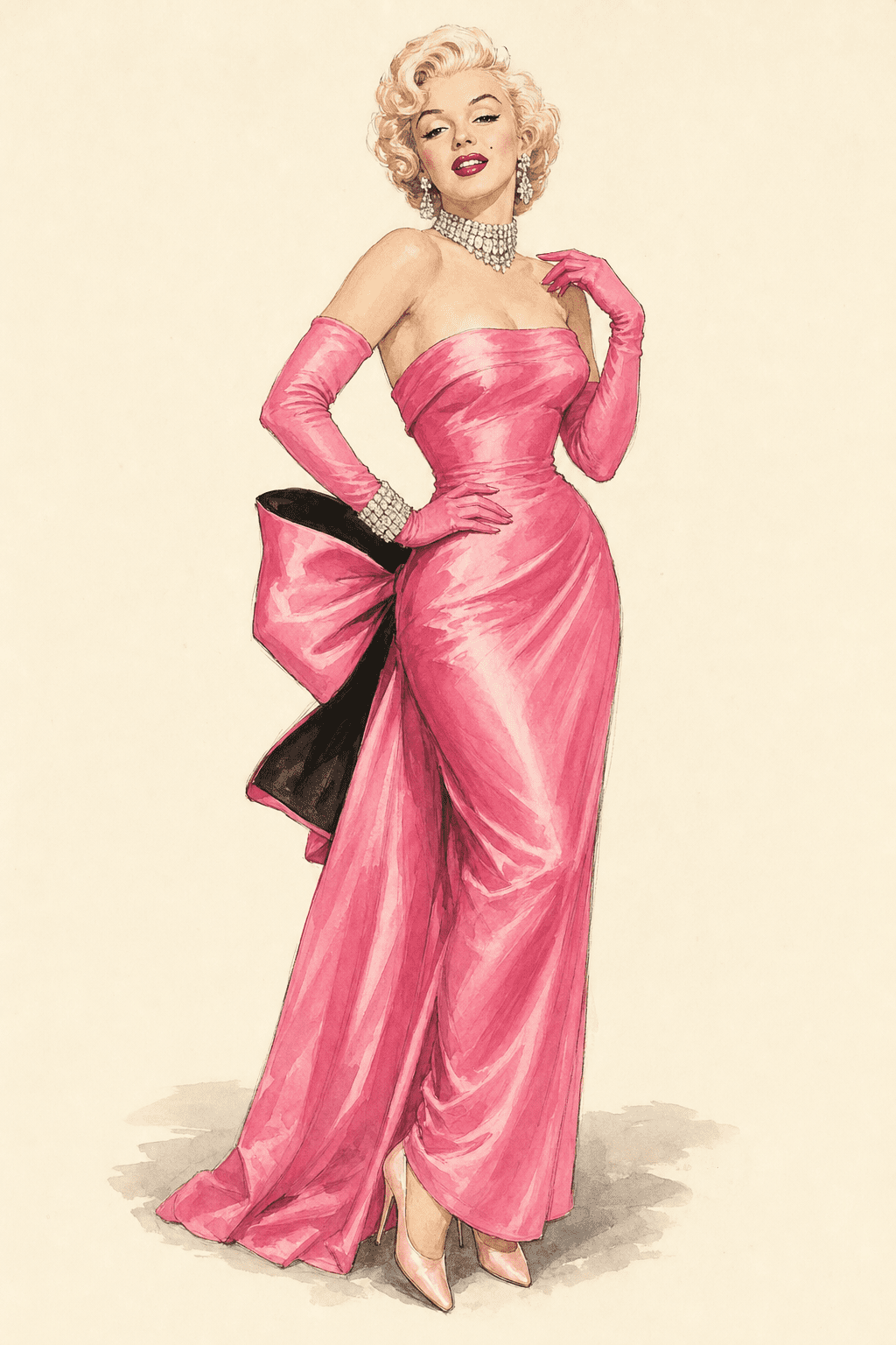 A 1950s illustration of Marilyn Monroe in the shocking pink strapless ball gown with oversized bow at the back