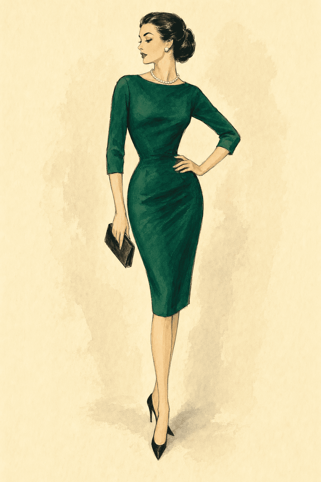 Illustration of an emerald green wiggle/pencil dress, knee-length and fitted