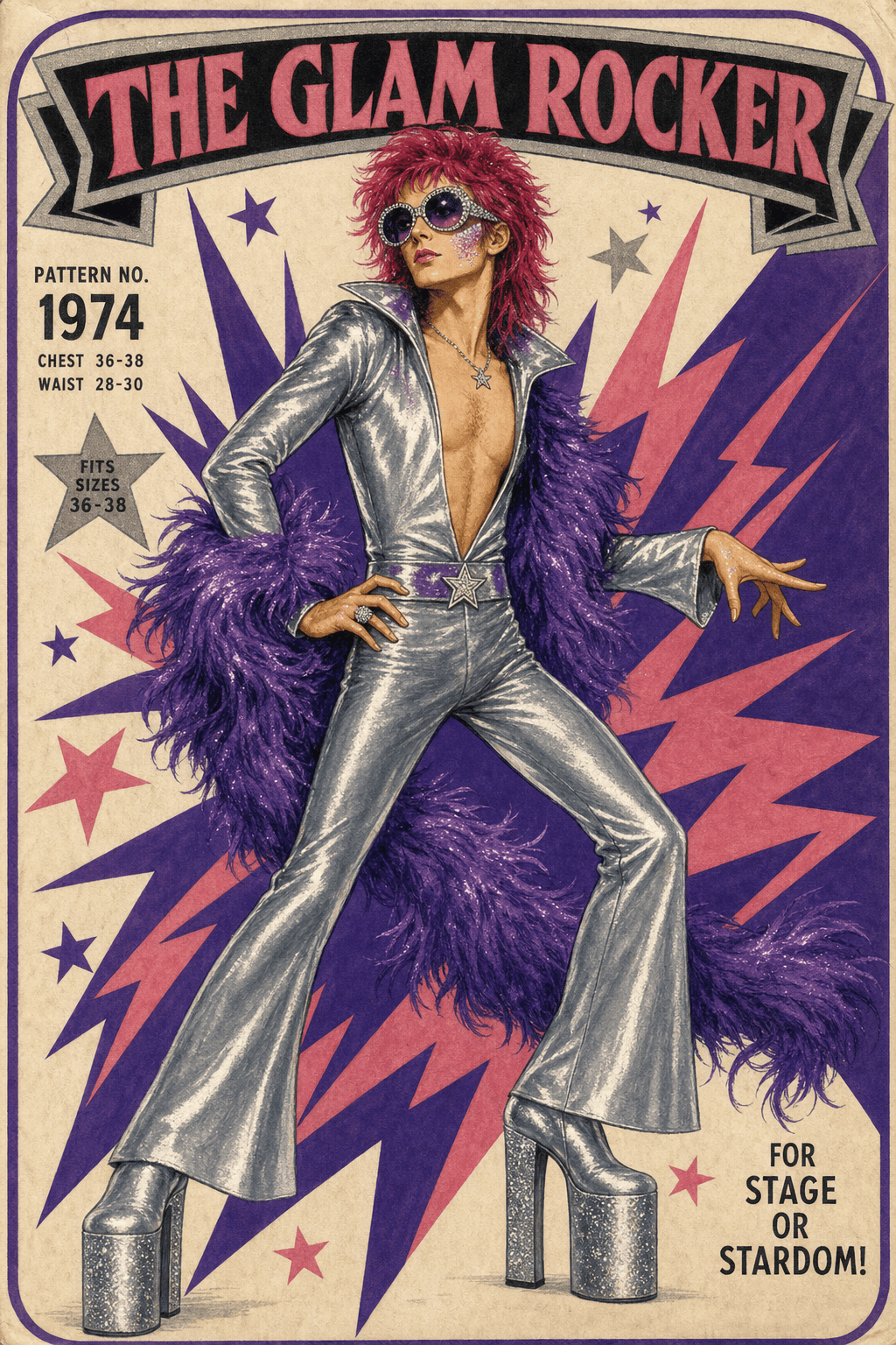 1970s men's fashion illustration — The Glam Rocker: silver metallic jumpsuit, purple feather boa, towering glitter platform boots