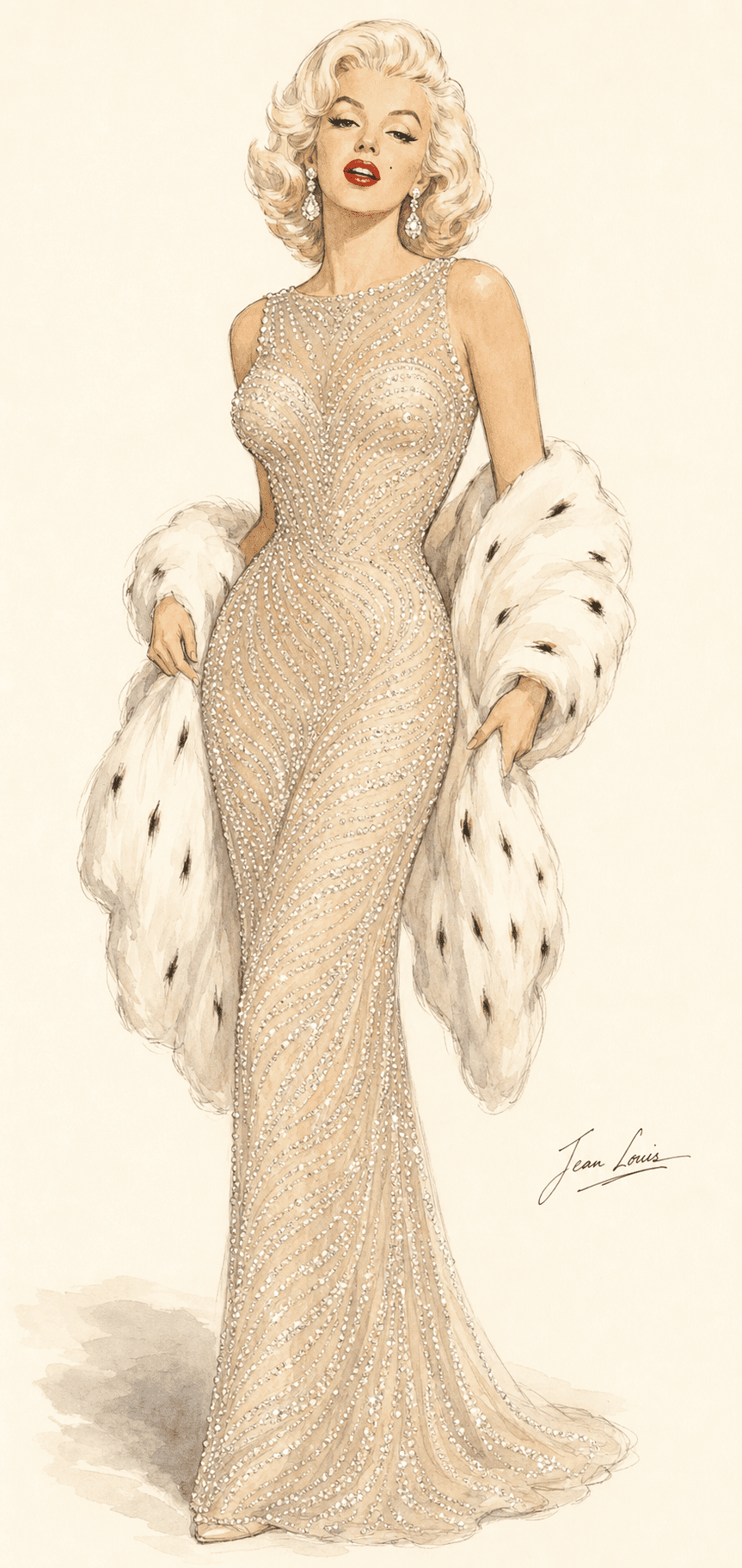 A 1960s illustration of Marilyn Monroe in the rhinestone-encrusted nude silk soufflé gown by Jean Louis