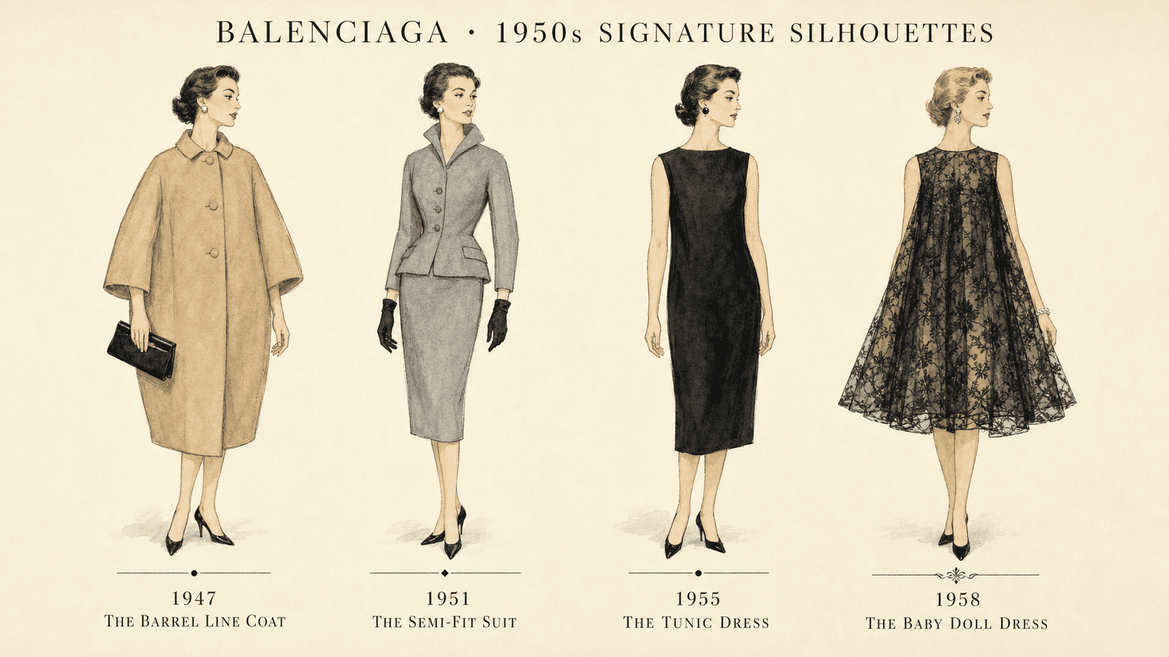 Four Balenciaga signature silhouettes from 1947 to 1958