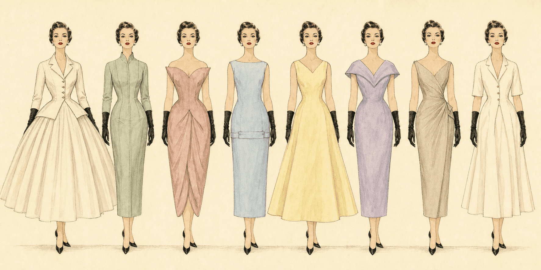 Eight illustrated figures showing the evolution of Christian Dior silhouettes from 1947 to 1957: Corolle, Verticale, Tulipe, H Line, A Line, Y Line, Flèche, Libre