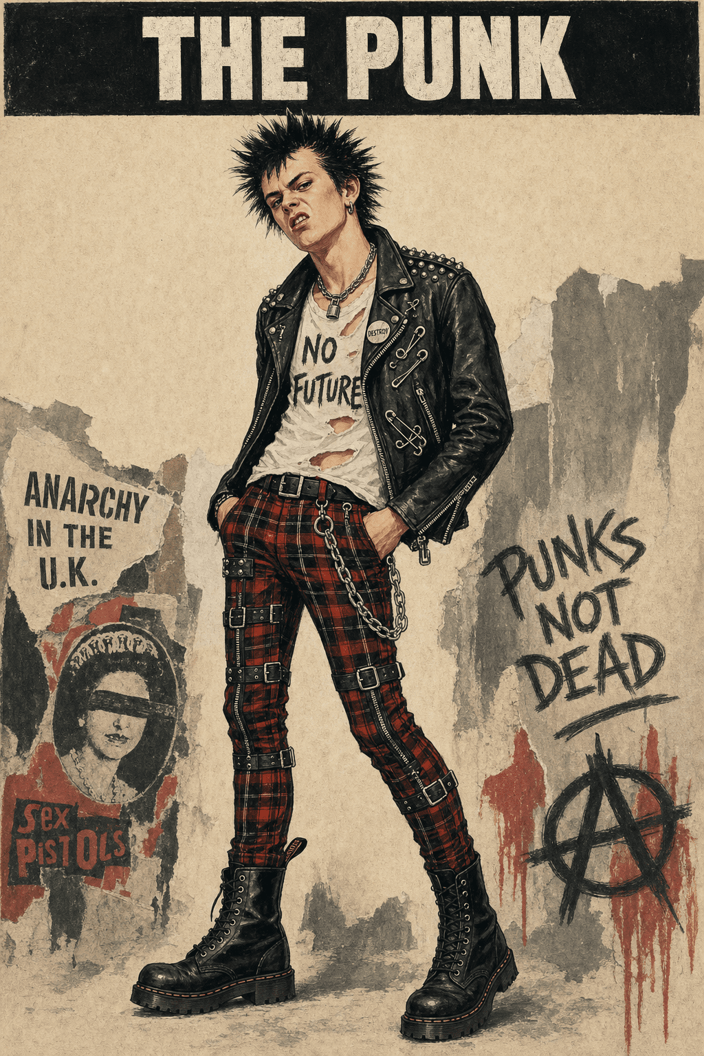 1970s men's fashion illustration — The Punk: studded leather jacket, tartan bondage trousers, safety pins, spiked hair, Dr Martens boots