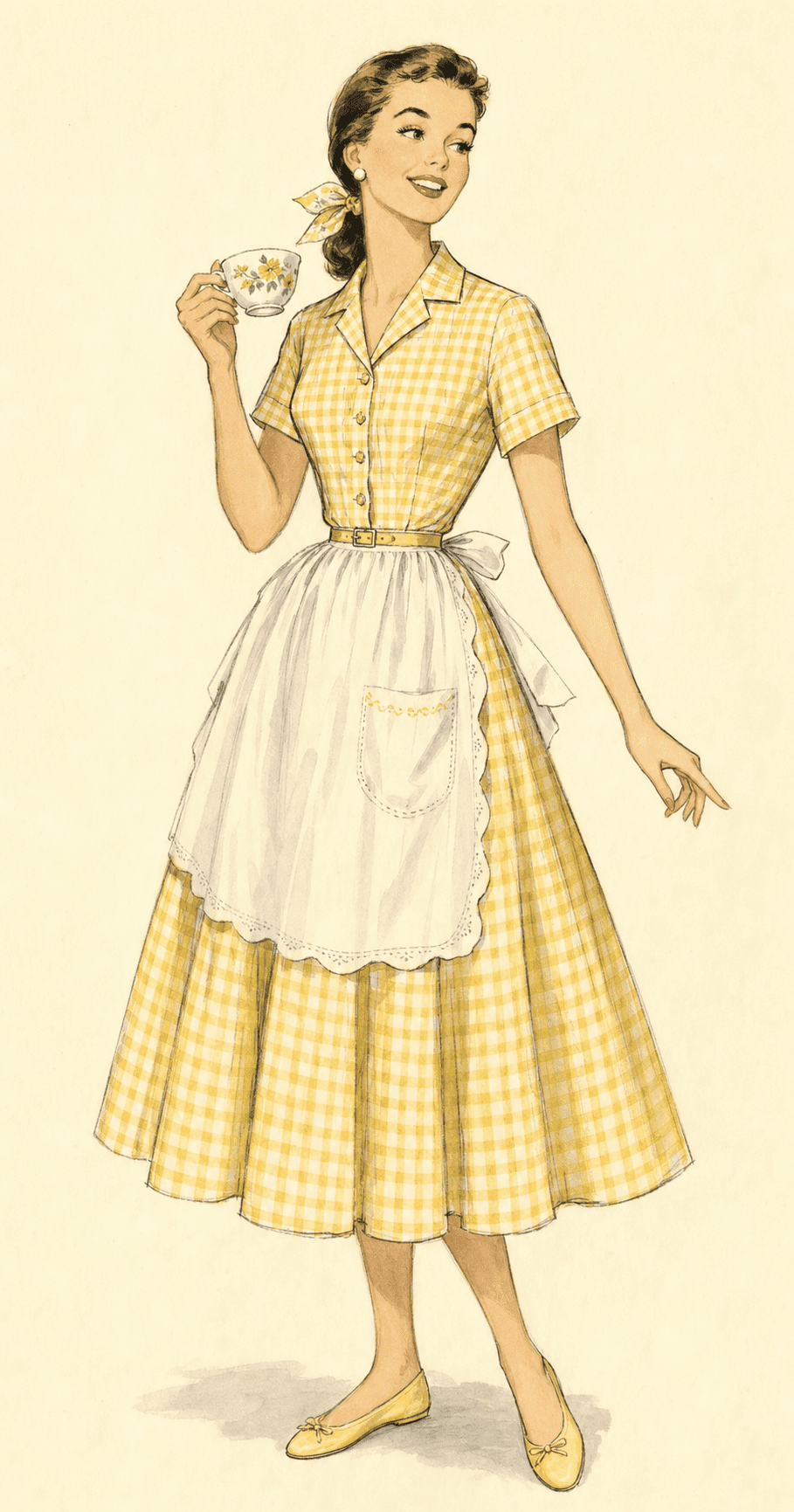 Illustration of a yellow gingham shirtwaist dress with white apron and ballet flats