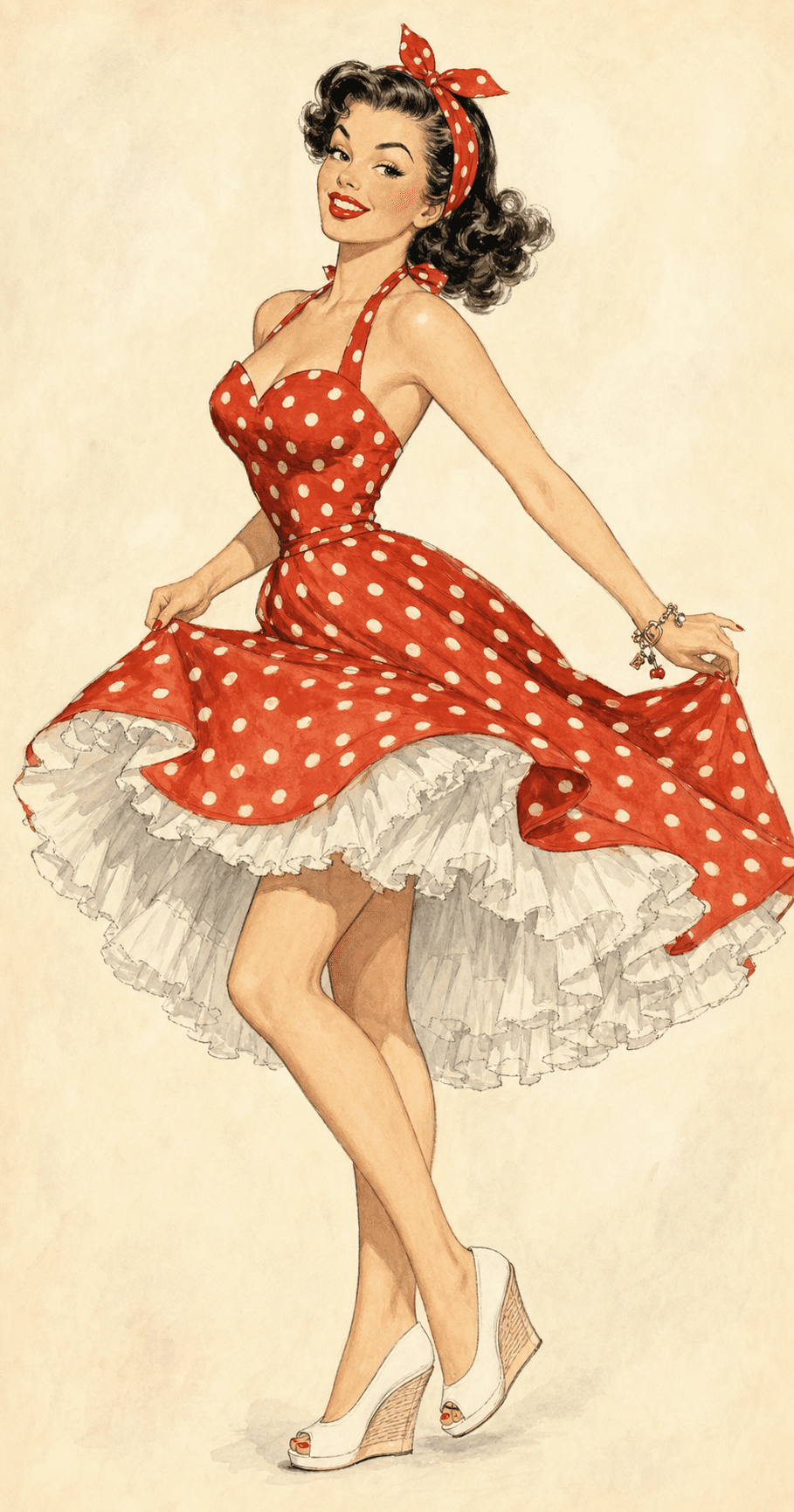 Rockabilly pin-up illustration: red polka-dot halter swing dress with white petticoat, bandana headscarf, wedge sandals