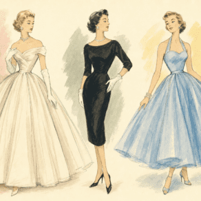 Three 1950s dress silhouettes illustrated in fashion-plate style: a full-skirted ivory ball gown, a black wiggle dress, and a sky-blue halter sundress
