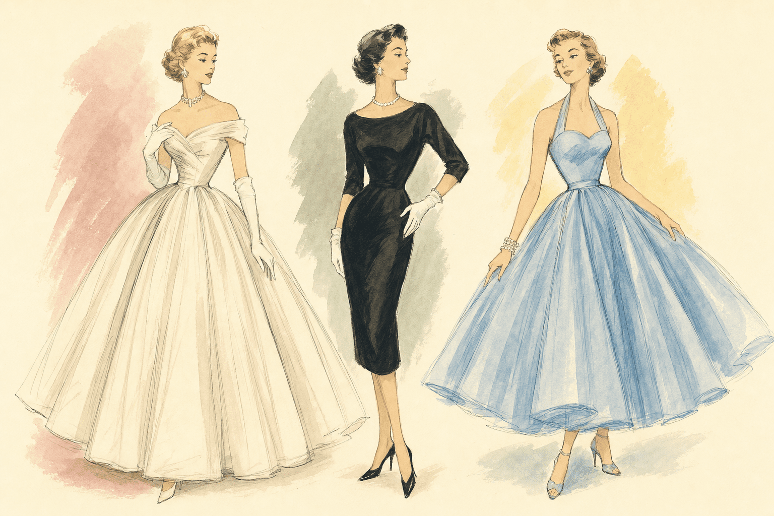 Three 1950s dress silhouettes illustrated in fashion-plate style: a full-skirted ivory ball gown, a black wiggle dress, and a sky-blue halter sundress