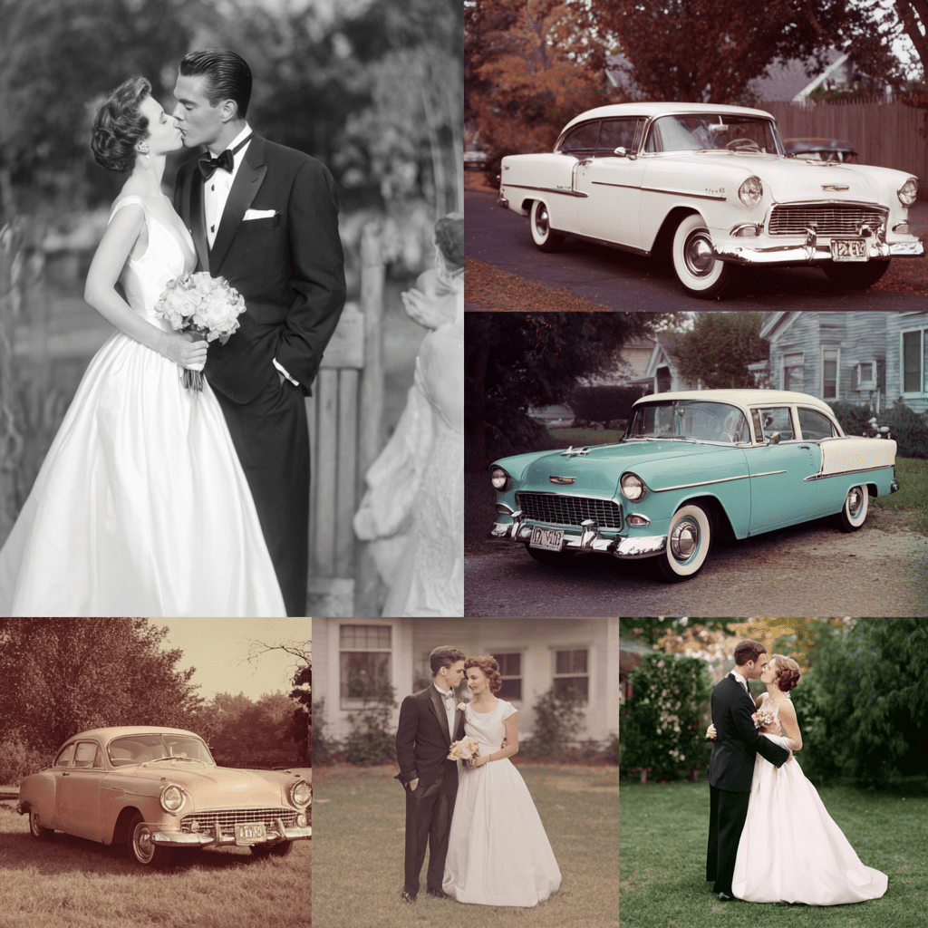 1950s wedding collage — a bride and groom kiss in a black-and-white portrait beside vintage Chevrolet Bel Airs in cream, teal, and blush with newlywed couples
