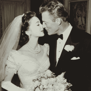 A 1950s couple on their wedding day — the bride in a lace gown with cathedral veil and pearl necklace, the groom in a formal dinner suit