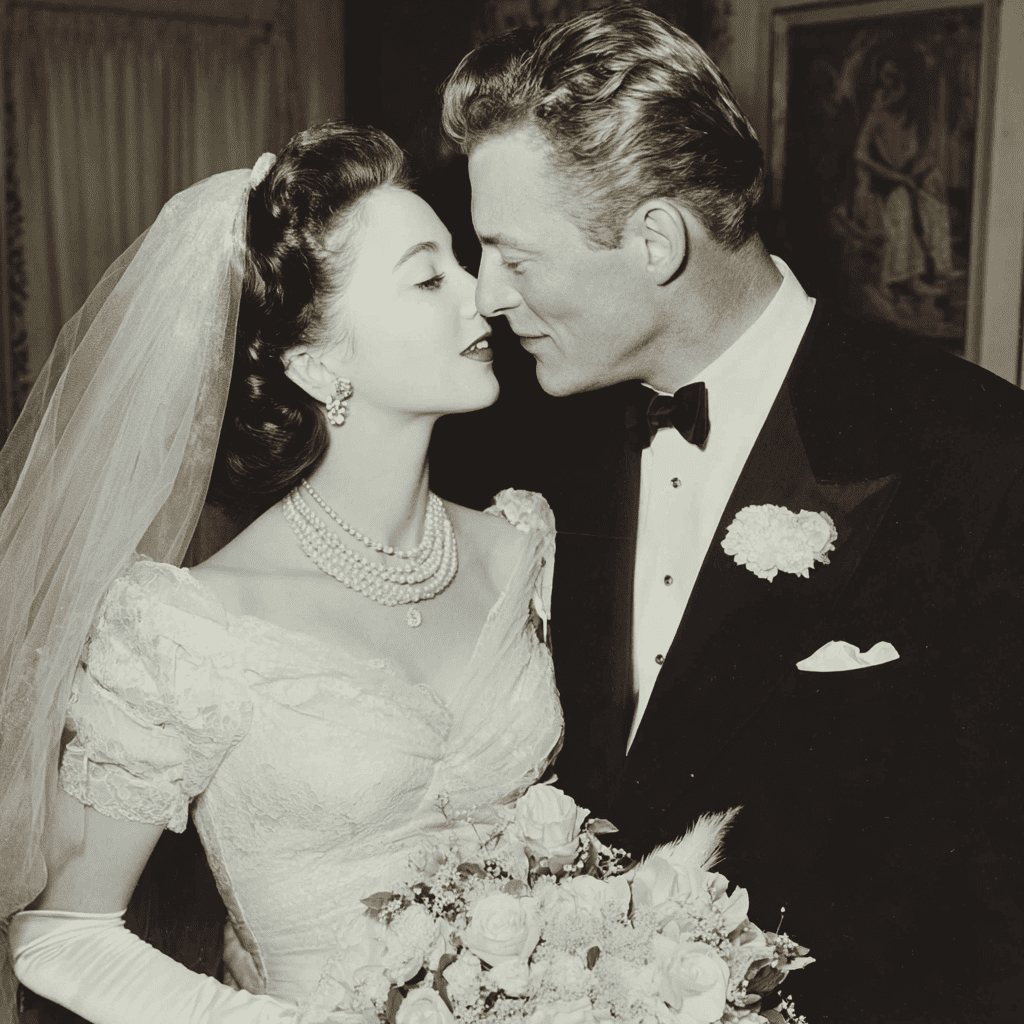 A 1950s couple on their wedding day — the bride in a lace gown with cathedral veil and pearl necklace, the groom in a formal dinner suit