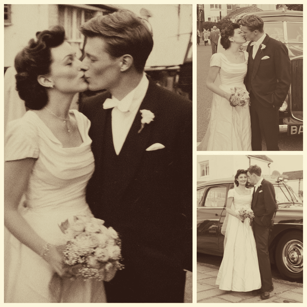 Sepia collage of 1950s newlyweds — couples kissing outside a church and posing beside vintage automobiles on their wedding day