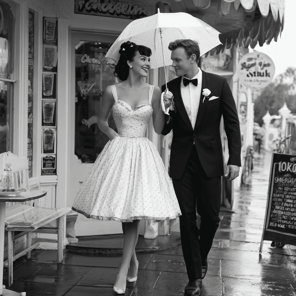 A 1950s couple walking together under a white umbrella in the rain — the woman in a full-skirted polka-dot day dress, the man in a formal dark suit