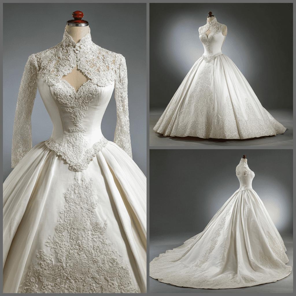 1950s bridal gowns on dressmakers’ mannequins — a high-collared lace bodice with long sleeves, intricate needlework, and a cathedral train