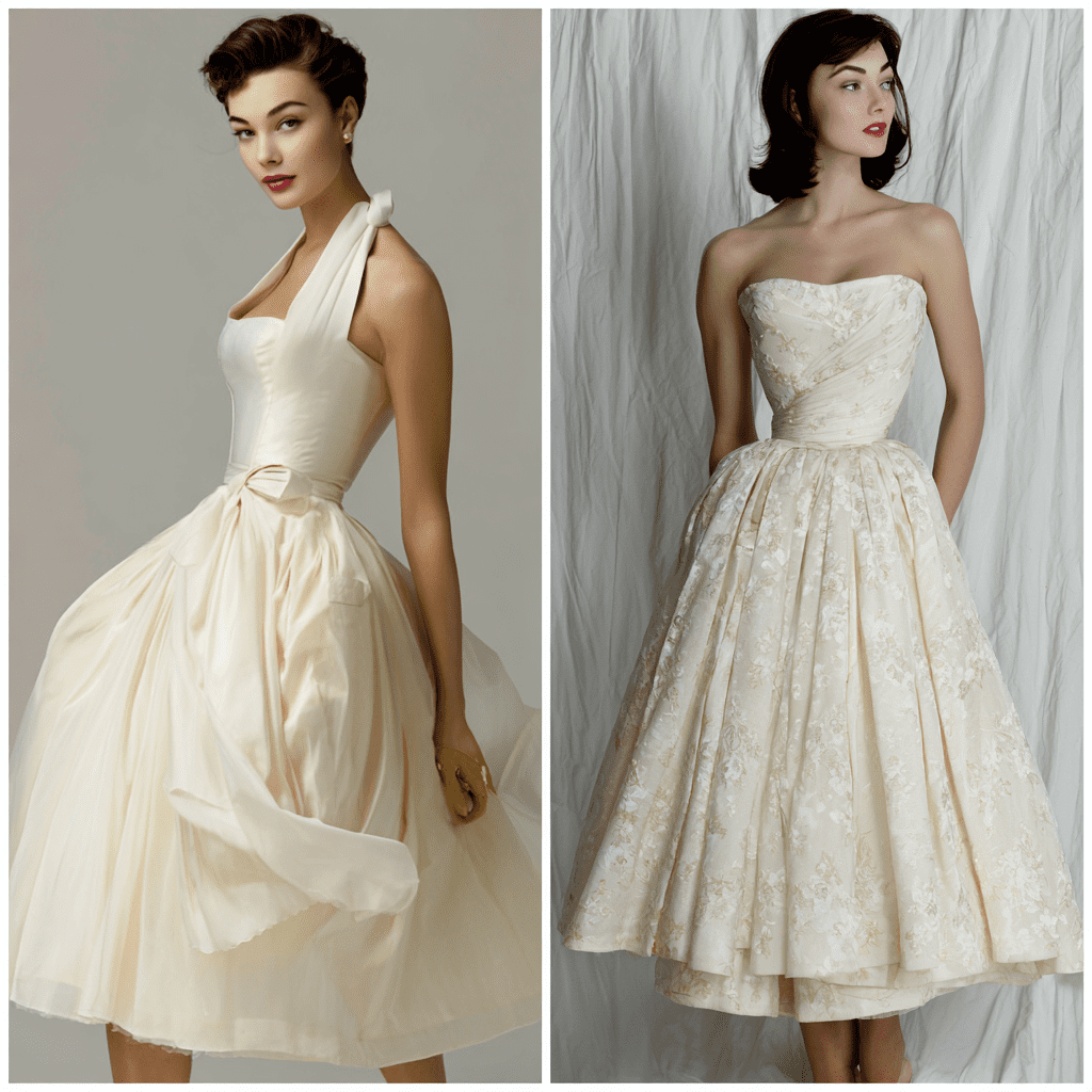 Two 1950s bridal styles — a halter-neck silk organza A-line gown and a strapless brocade tea-length gown, both with the era’s full swirling skirts