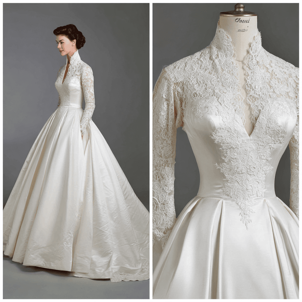 A 1950s wedding gown with a high-neck lace bodice and long sleeves over a full satin skirt, shown on a model and in close-up on a dressmaker’s mannequin