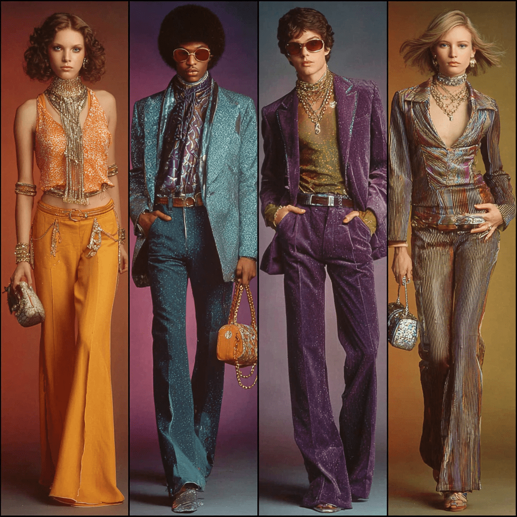 Four people in 1970s disco fashion — a woman in an orange fringe halter crop top with amber wide-leg flares; a man with an afro in a teal metallic blazer over a paisley shirt with dark flared jeans; a man in a purple velvet suit with a teal metallic shirt and gold chains; a woman in a metallic iridescent striped wide-leg suit