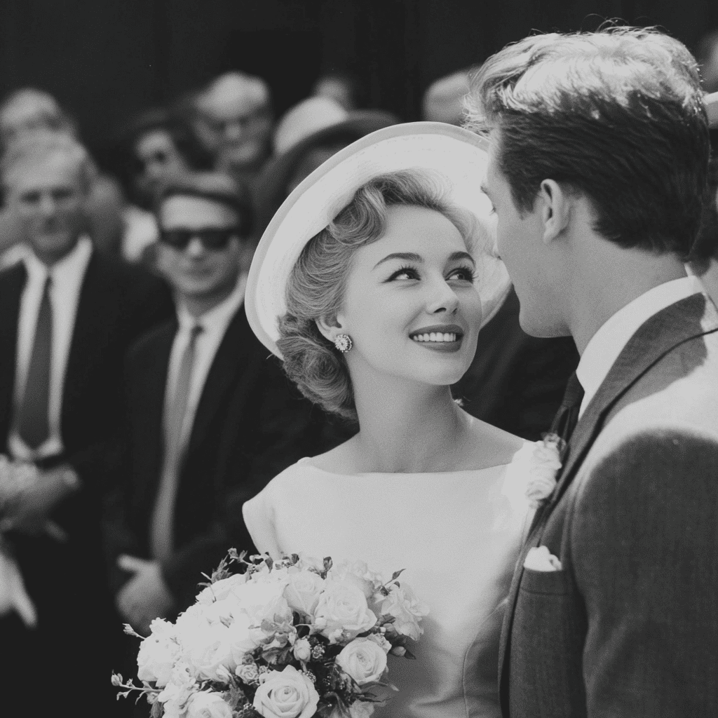 A 1950s bride in a pillbox hat smiles radiantly at the camera, holding a white bouquet, with wedding guests visible in the background