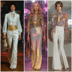 Three women in 1970s disco fashion — afro with white and gold floral brocade blouse and white flares, holographic gold sequin top with iridescent flares on a disco dance floor, psychedelic print blouse with white flares in front of a mirror ball