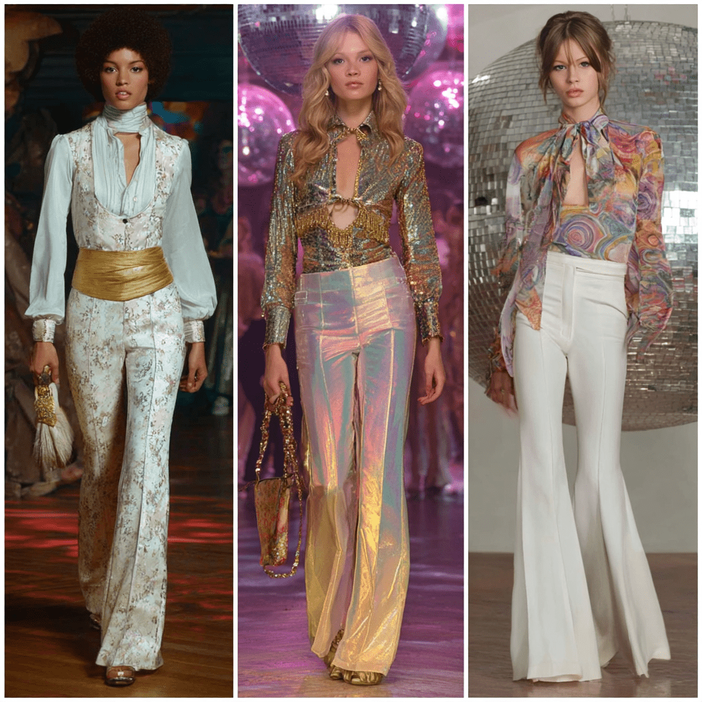 Three women in 1970s disco fashion — afro with white and gold floral brocade blouse and white flares, holographic gold sequin top with iridescent flares on a disco dance floor, psychedelic print blouse with white flares in front of a mirror ball