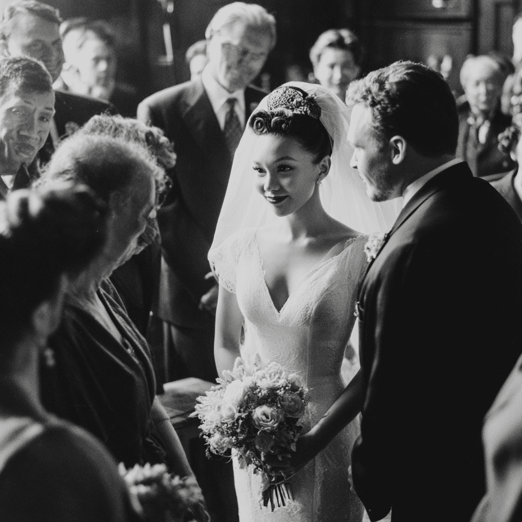 A 1950s bride surrounded by family and guests inside a church, her floral crown and veil visible as she greets those gathered around her