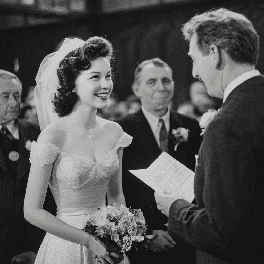 The vow exchange at a 1950s church wedding — a smiling bride in lace and veil faces the groom who reads from a printed order of service, a witness standing behind