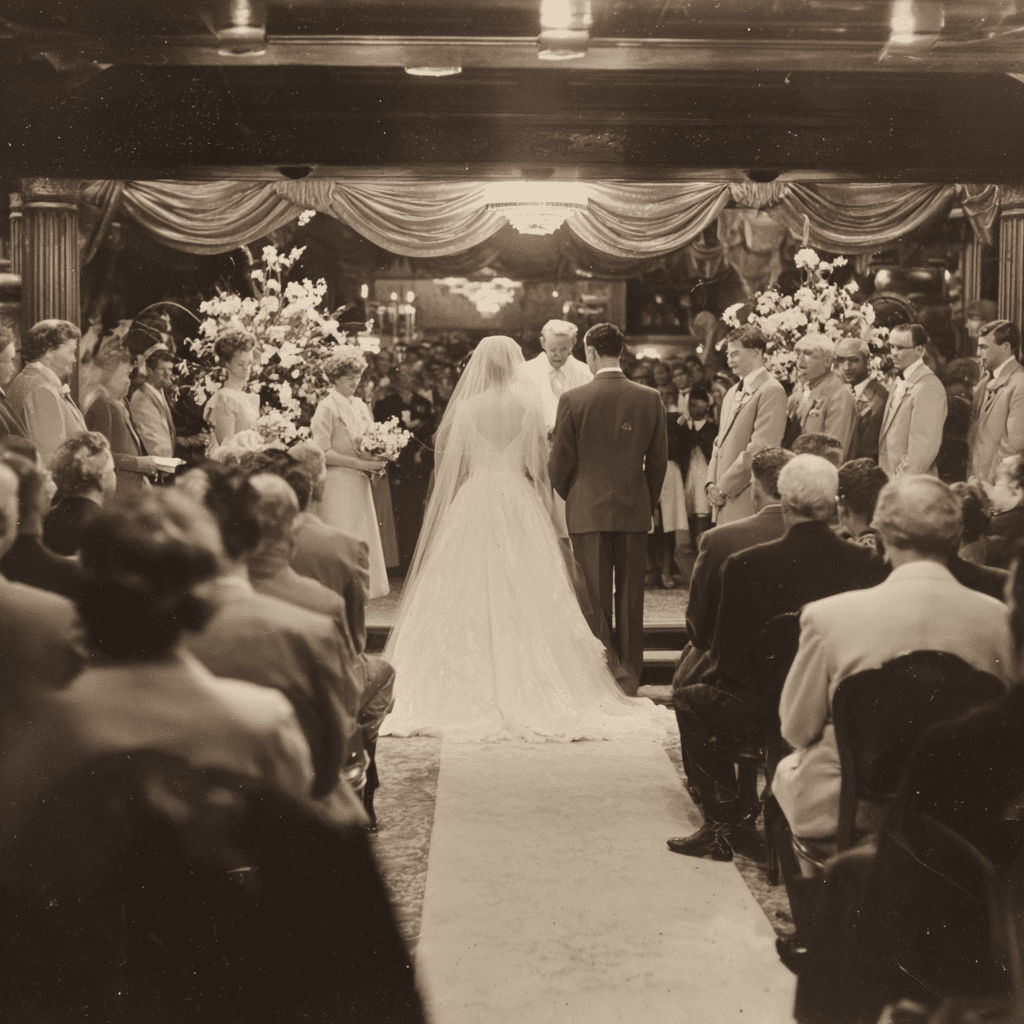 Wide view of a 1950s church ceremony — the couple at the altar before the officiant, the aisle lined with white flowers and every pew filled with formally dressed guests