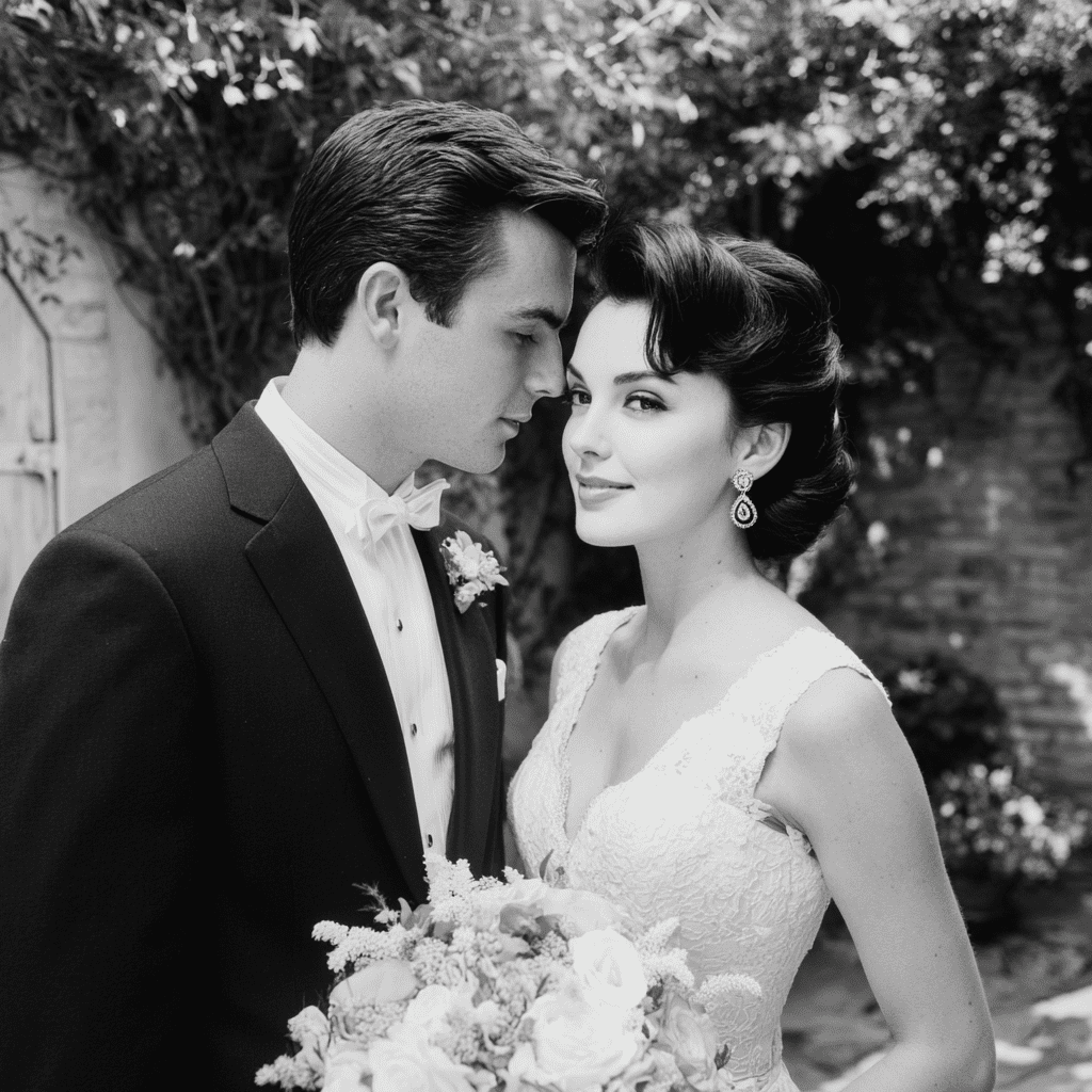 A glamorous 1950s couple in a romantic portrait — the bride in a sleeveless lace gown holding a white bouquet, the groom in a white-tie tuxedo, against an ivy-covered stone wall