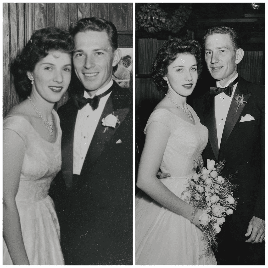 Two 1950s couples in their formal wedding portraits — the brides in pearl necklaces and evening gowns, the grooms in black-tie tuxedos
