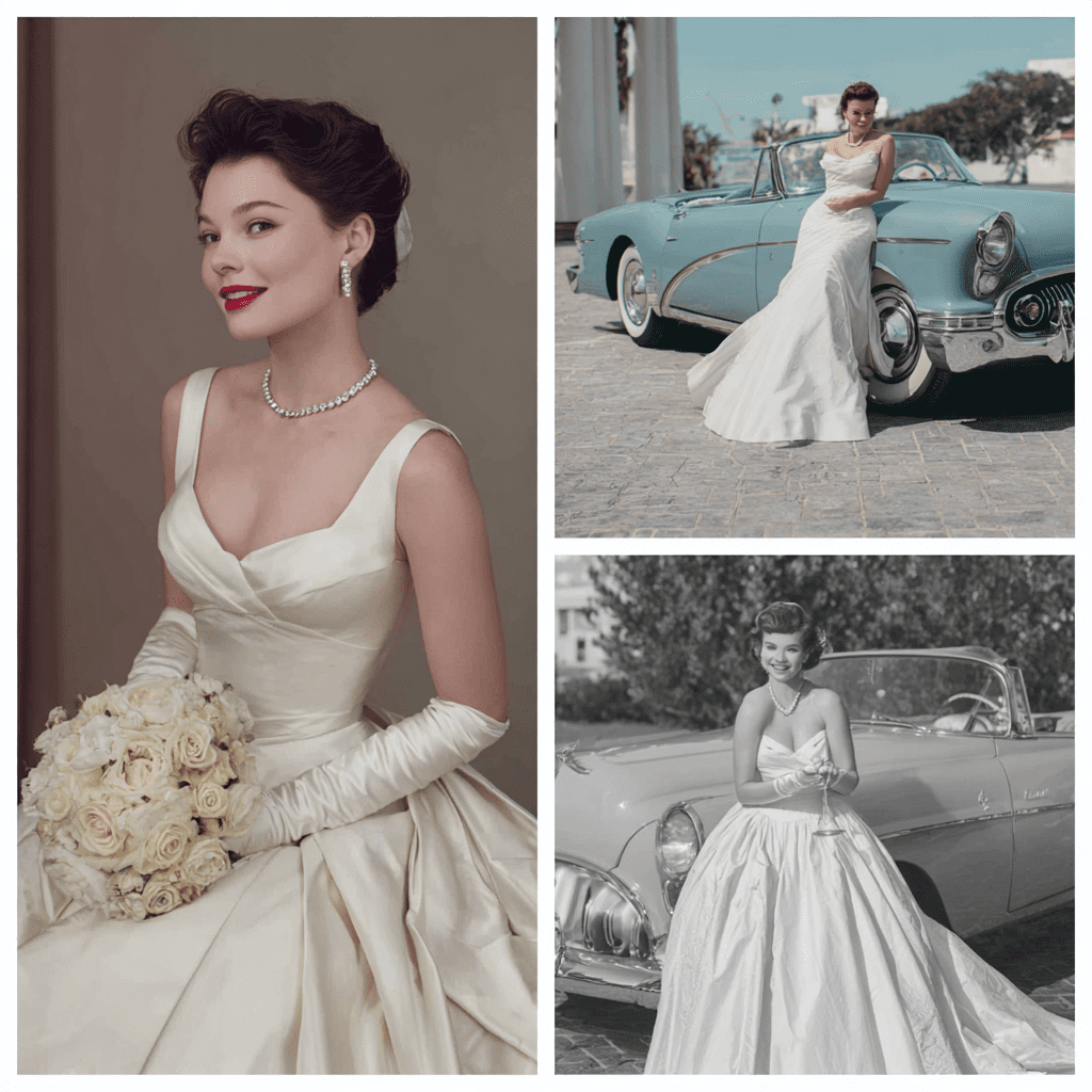 A 1950s bride in a satin gown with long gloves and a diamond necklace holding white roses, and two views of a bride in a strapless gown beside a vintage teal convertible