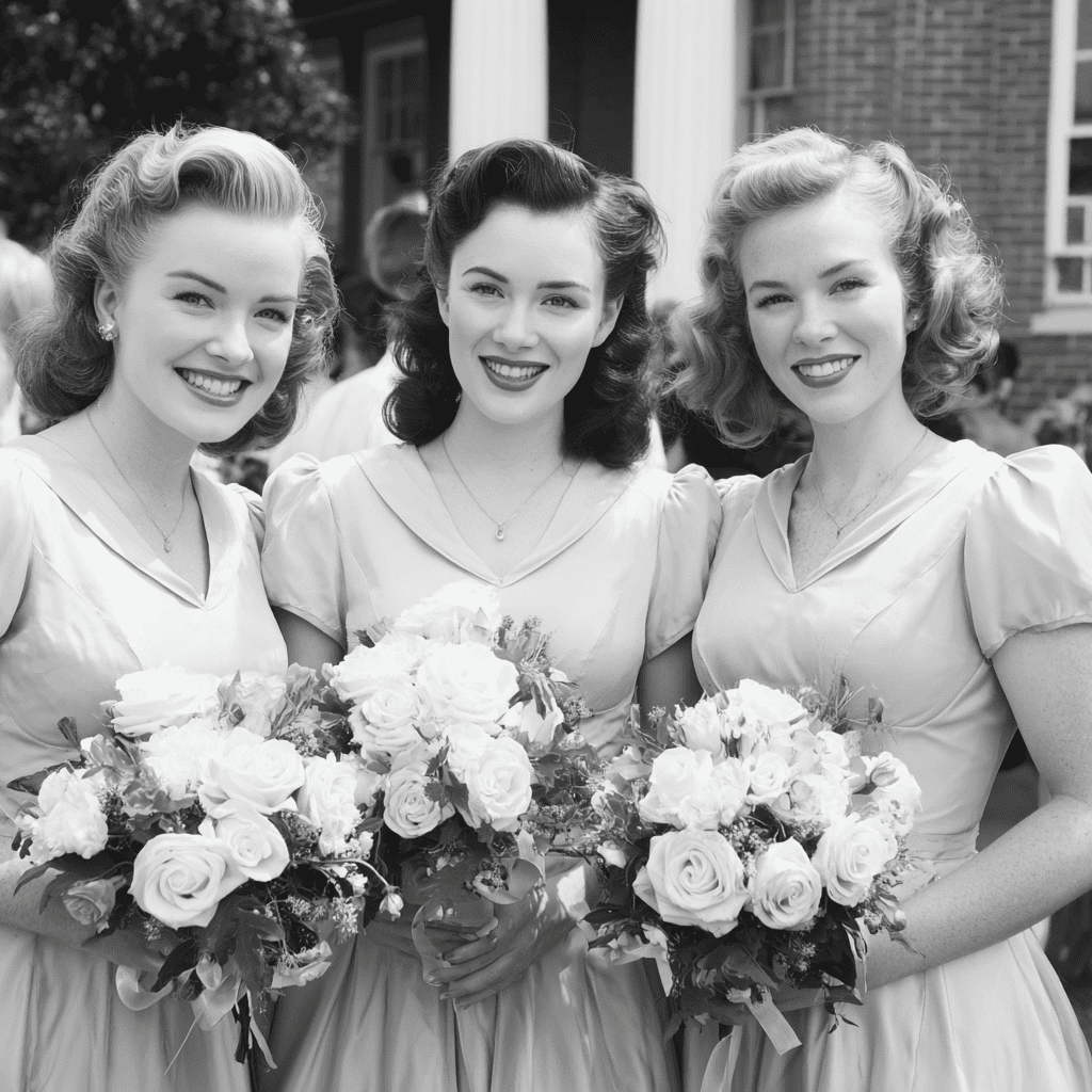 Three 1950s bridesmaids in co-ordinated soft-tone dresses holding matching white rose bouquets, photographed outside a brick building
