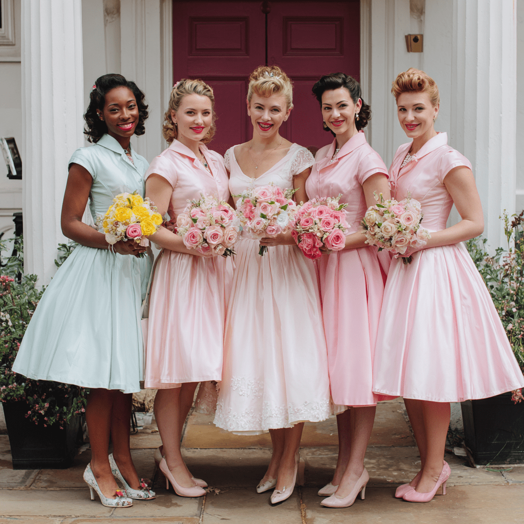 A 1950s bride with four bridesmaids in co-ordinated pink and mint tea-length dresses, all holding floral bouquets, standing outside a doorway