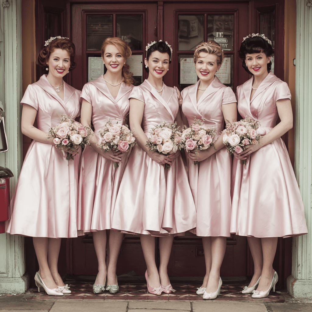 Five 1950s bridesmaids in matching blush-pink satin dresses with floral headbands, holding pink and white rose bouquets