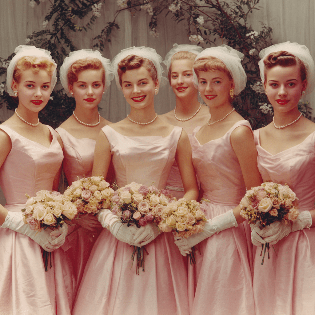 Six 1950s bridesmaids in co-ordinated pink gowns with white veils and white gloves, each holding a bouquet of roses and pastel flowers