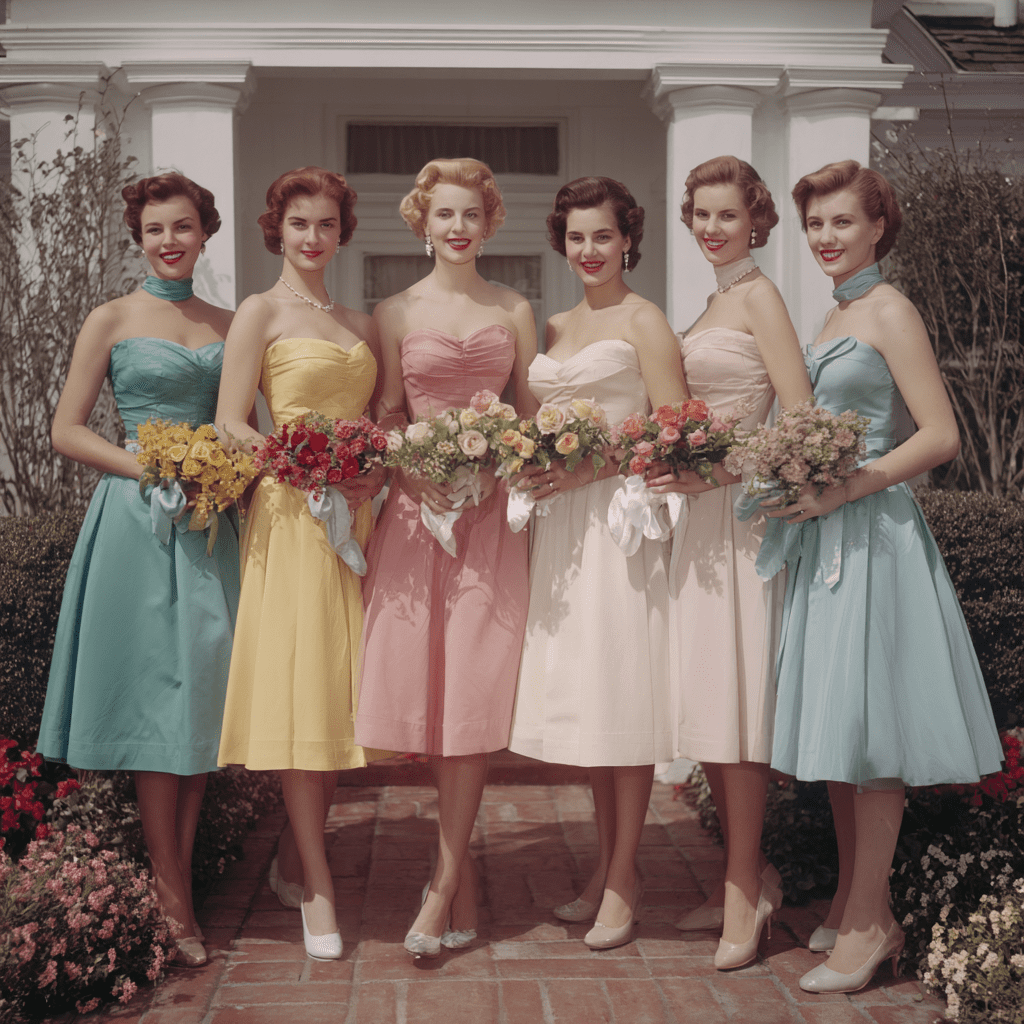Six women in 1950s-style pastel strapless bridesmaid dresses — aqua, buttercup yellow, coral, blush, cream, and sky blue — holding matching floral bouquets outside a house
